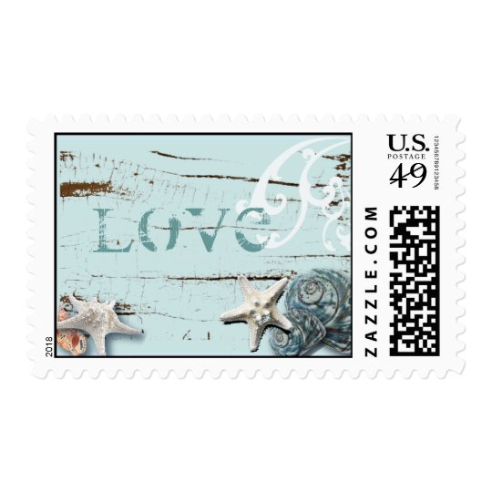 Coastal barn wood aqua blue starfish seashells postage