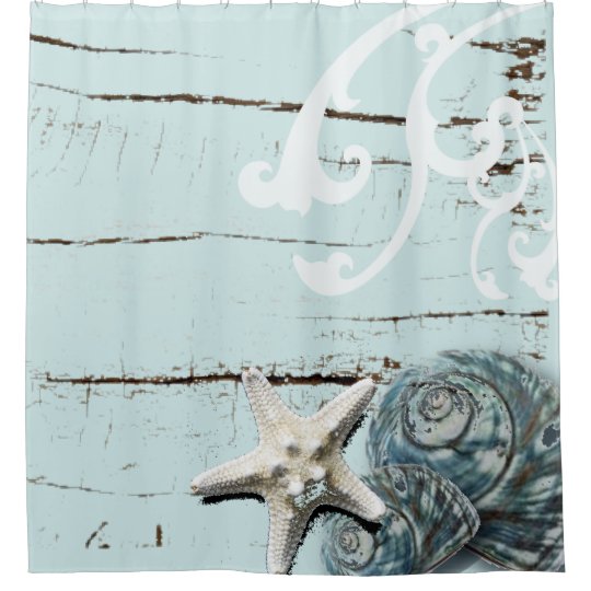 Coastal Barn Wood Aqua Blue Starfish Seashells Shower Curtain