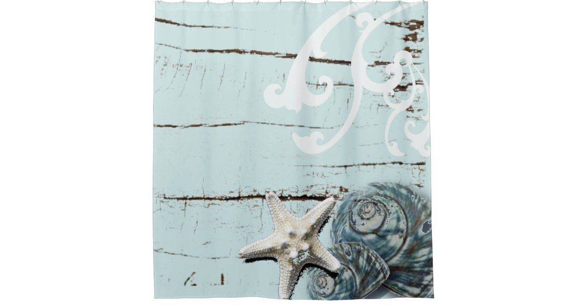Coastal Barn Wood Aqua Blue Starfish Seashells Shower Curtain