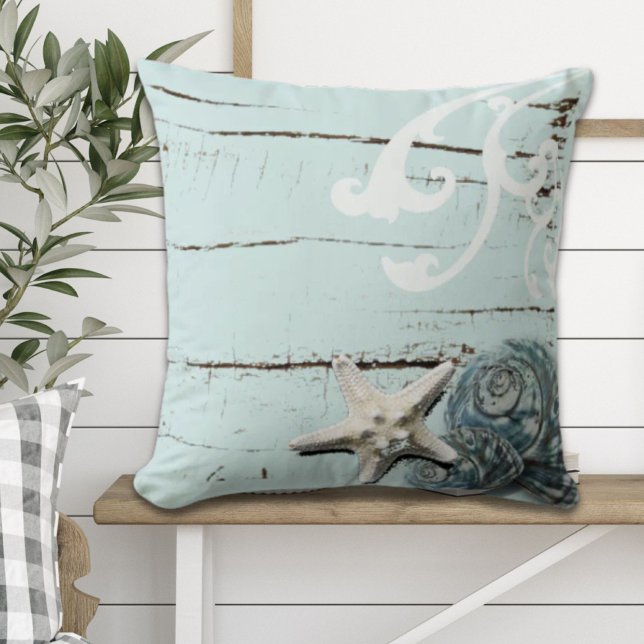 Coastal barn wood aqua blue starfish seashells throw pillow (Coastal barn wood aqua blue starfish seashells throw pillow)