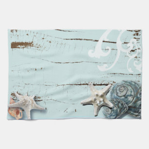 Coastal barn wood aqua blue starfish seashells towel