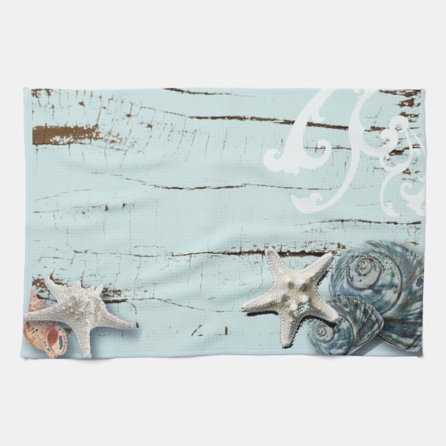 Coastal barn wood aqua blue starfish seashells towel (Horizontal)