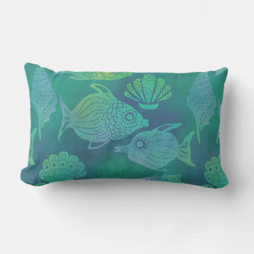 Coastal Batik Fish Seashells Pattern Blue Lumbar Pillow
