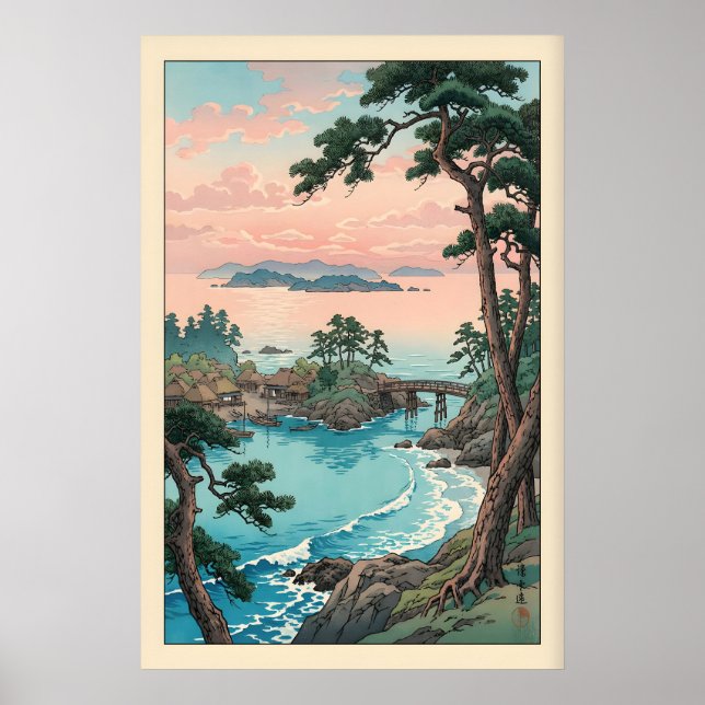 Coastal Bay Wall Art - Pine Trees, Bridge, Calm (Front)