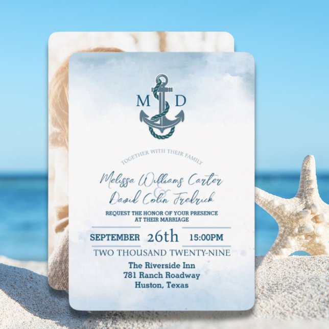 Coastal Beach Blue Anchor Nautical Photo Wedding  Invitation (Coastal Beach Blue Anchor Nautical Photo Wedding Invitation)