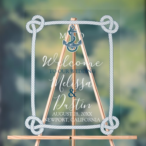 Coastal Beach Blue Anchor Nautical Wedding Welcome Acrylic Sign