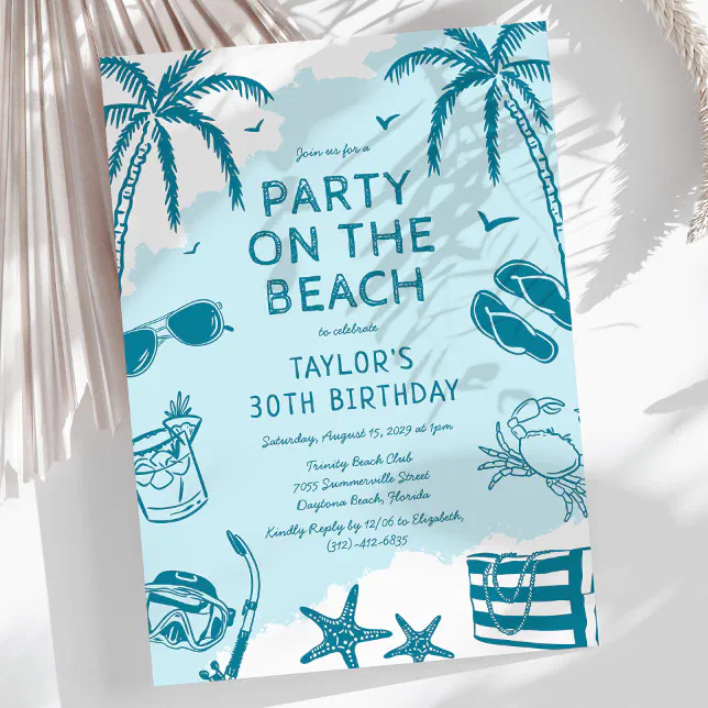 Coastal Beach Blue Doodle Birthday Party Invitation | Zazzle