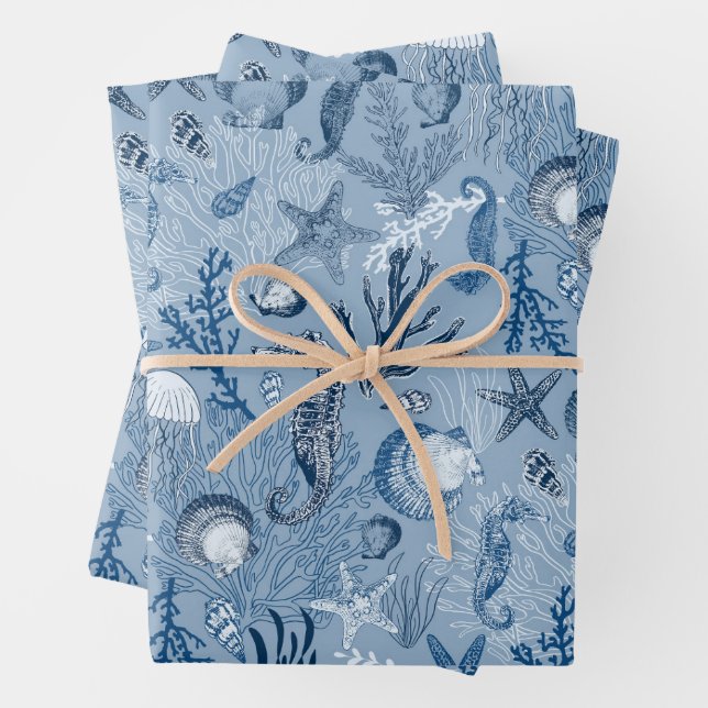 Coastal Beach Blue Ocean Sea Life Wrapping Paper Sheets (In situ)