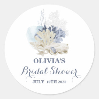 Coastal Beach blue seashell bridal shower Classic Round Sticker