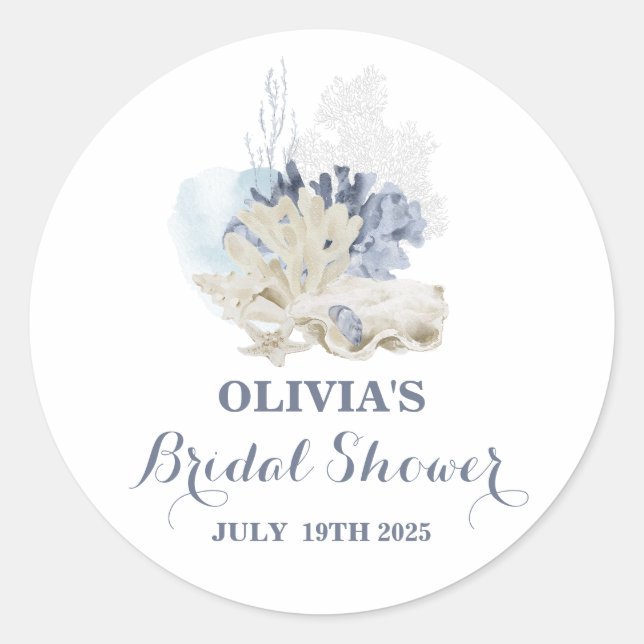 Coastal Beach blue seashell bridal shower Classic Round Sticker (Front)