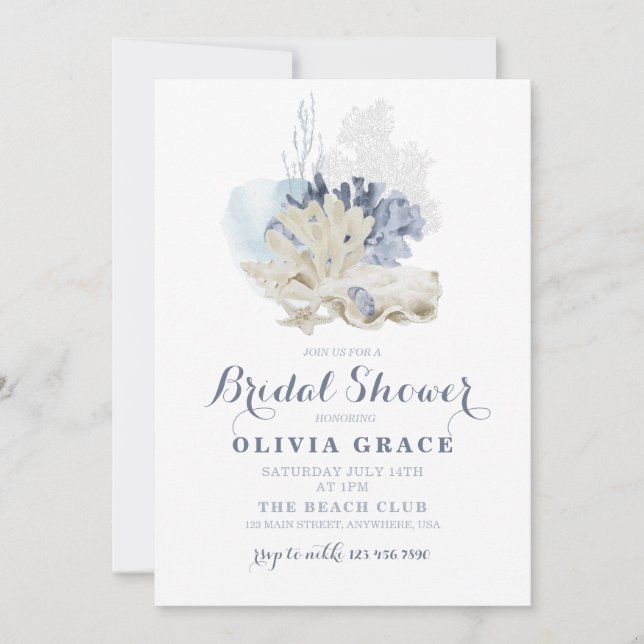 Coastal Beach blue seashell bridal shower Invitation (Front)