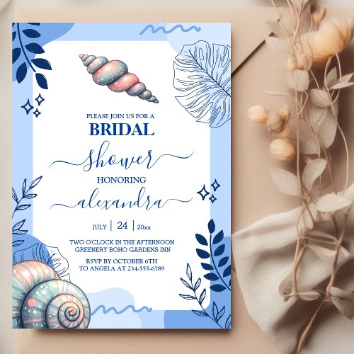 Coastal beach blue seashell Bridal Shower Invitation