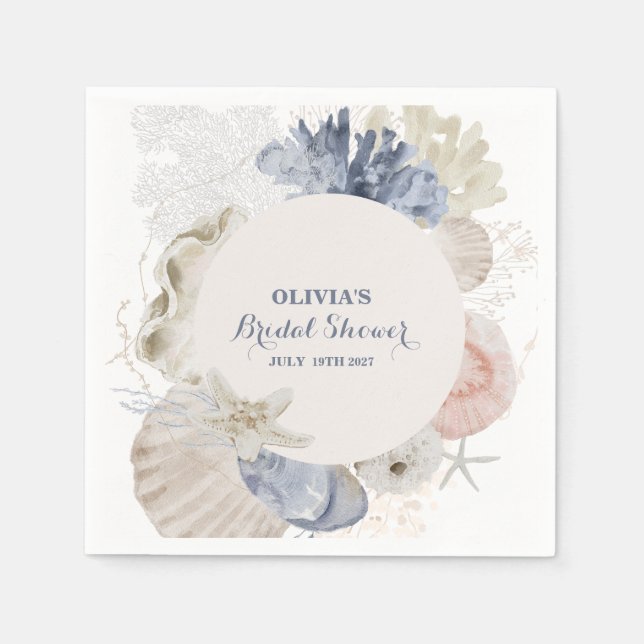 Coastal Beach blue seashell bridal shower Napkins (Front)