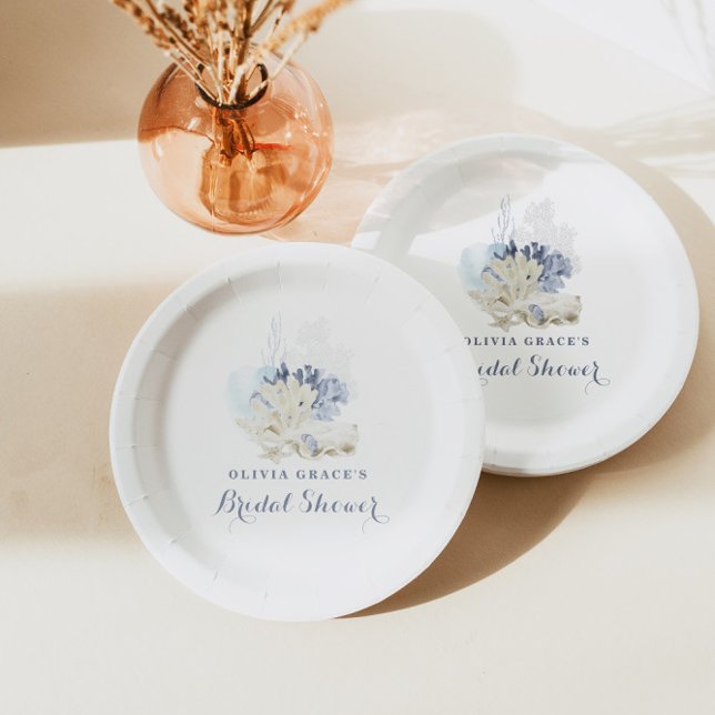 Coastal Beach blue seashell bridal shower Paper Plates (Creator Uploaded)