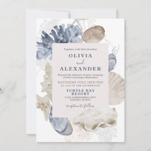 Coastal beach blue seashell wedding Invitation