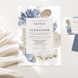 Coastal beach blue seashell wedding Invitation