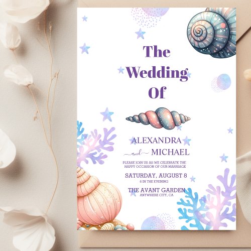 Coastal beach blue seashell wedding invitation