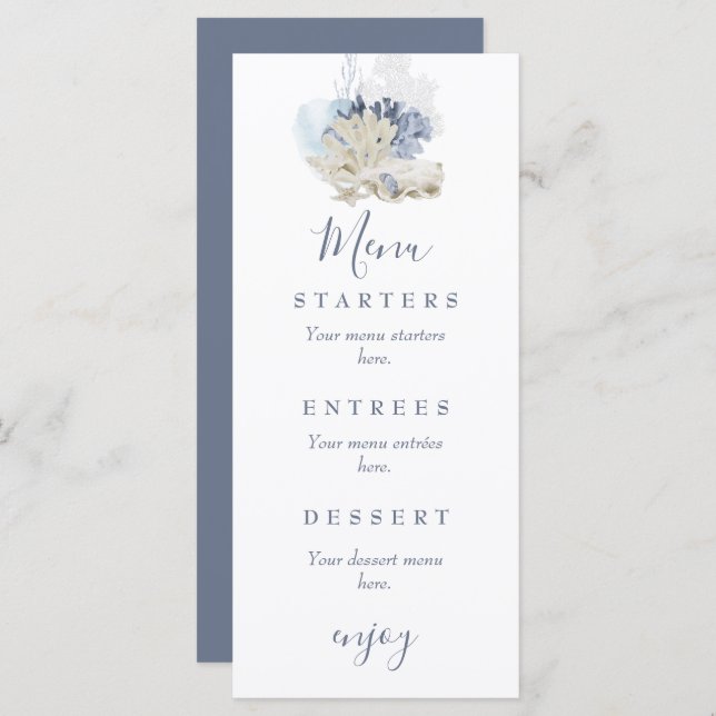 Coastal beach blue seashell wedding menu (Front/Back)