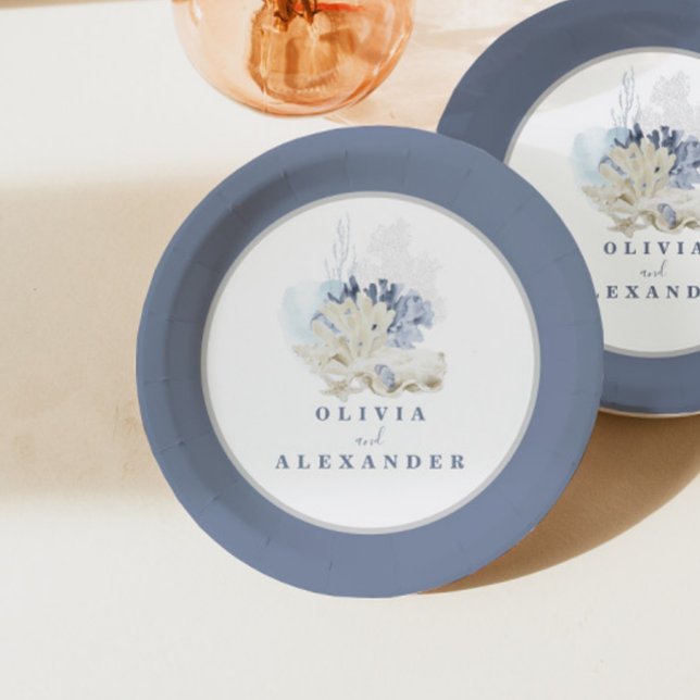 Coastal Beach blue seashell wedding Paper Plates (Creator Uploaded)