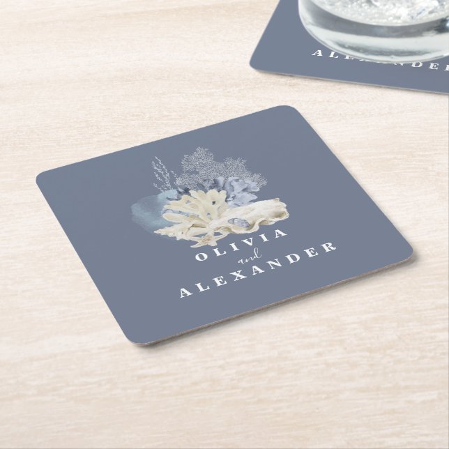 Coastal Beach blue seashell wedding Square Paper Coaster (Angled)