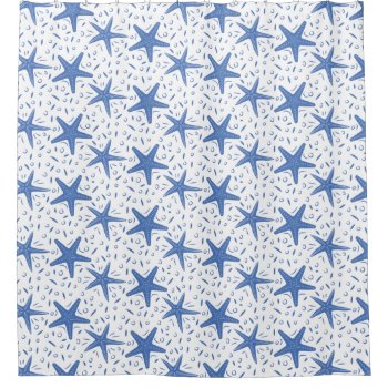 Coastal Beach Blue Starfish Pattern Shower Curtain by InTrendPatterns at Zazzle