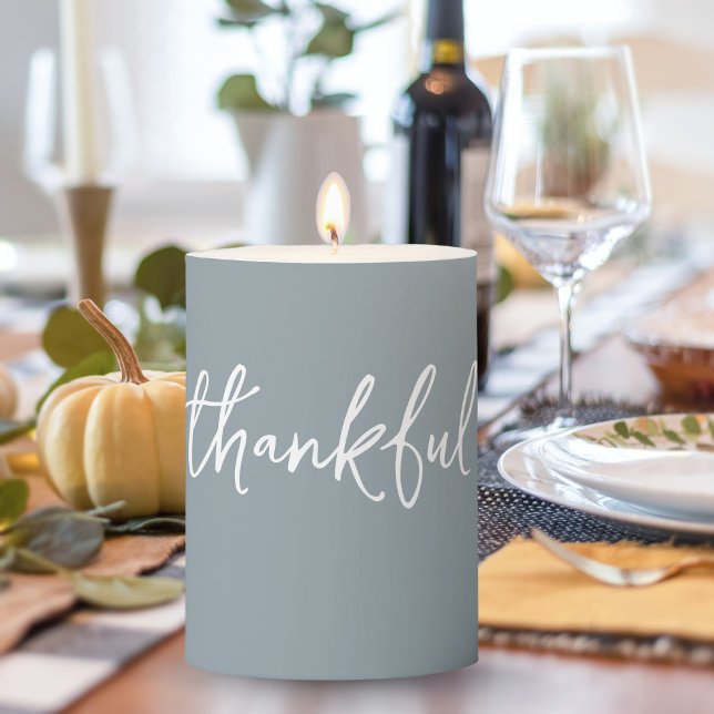 Coastal Beach Blue Thankful Thanksgiving Pillar Candle (Creator Uploaded)
