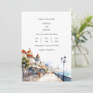 Coastal Beach Boardwalk Town City Scene wedding Invitation
