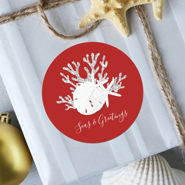 Coastal Beach Christmas Red Seas and Greetings Classic Round Sticker (Creator Uploaded)