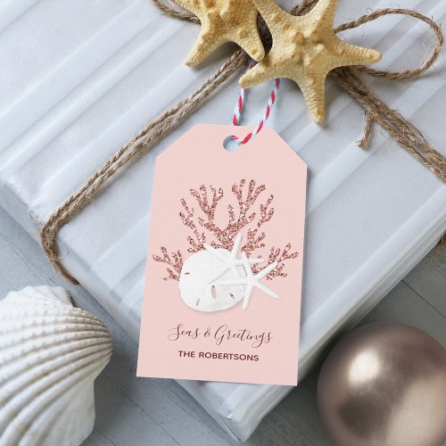 Coastal Beach Christmas Rose Gold Pink Gift Tags