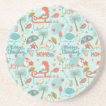 Coastal, beach Christmas, Santa, palm trees Coaster<br><div class="desc">Beach of a Christmas. Merry Christmas coastal style. Fun art,  Santa,  sleigh,  palm trees,  pelicans,  string lights,  sand,  shells,  and sunshine. Teal Decor. Coasters make the perfect gift!</div>
