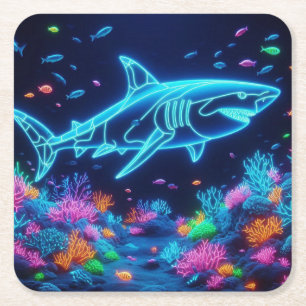 Coastal/Beach colorful neon shark Square Paper Coaster