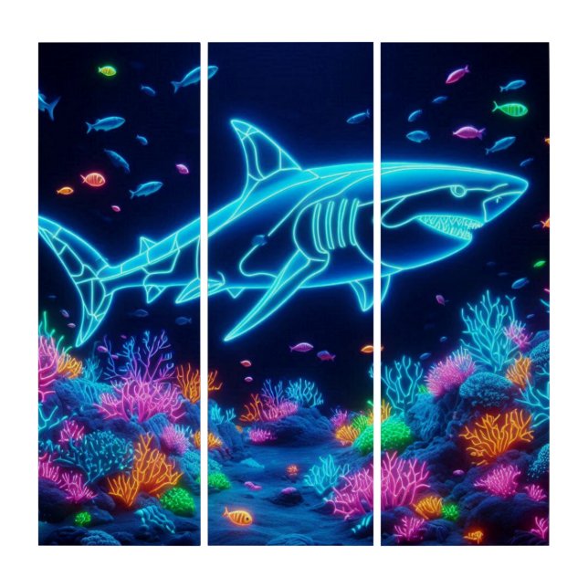 Coastal/Beach colorful neon shark Triptych (Front)