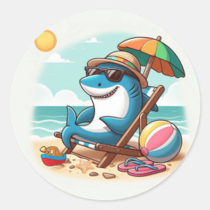 Coastal/Beach cute cartoon shark Classic Round Sticker