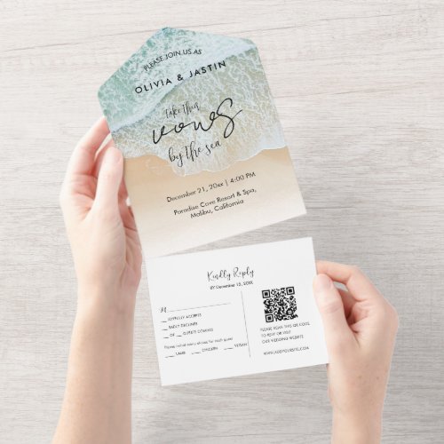 Coastal Beach Destination QR Code RSVP Wedding  All In One Invitation