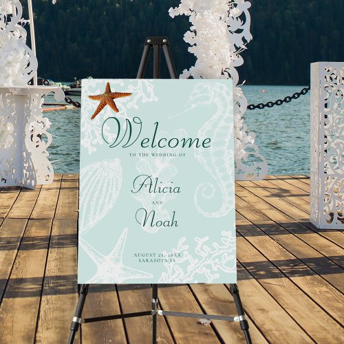 Coastal beach destination wedding welcome sign
