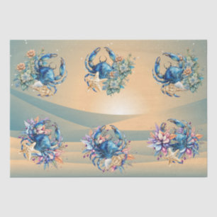 Coastal Beach Floral Blue Crab & Shells Decoupage  Tissue Paper