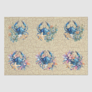 Coastal Beach Floral Blue Crab & Shells Decoupage  Tissue Paper