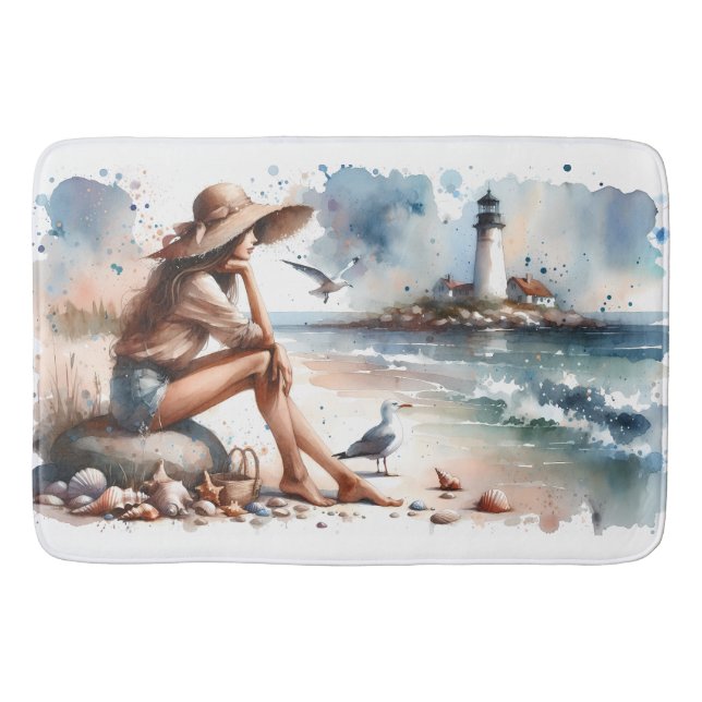 Coastal Beach Girl & Lighthouse  Bath Mat (Front)