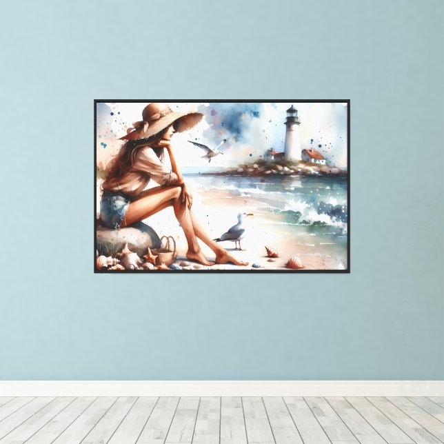 Coastal Beach Girl & Lighthouse  Canvas Print (Insitu(Wood Floor))
