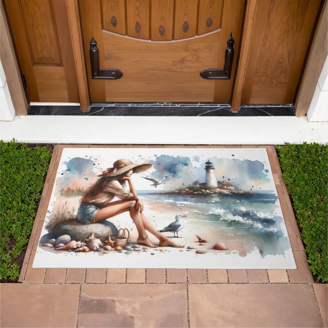 Coastal Beach Girl & Lighthouse  Doormat (Outdoor)