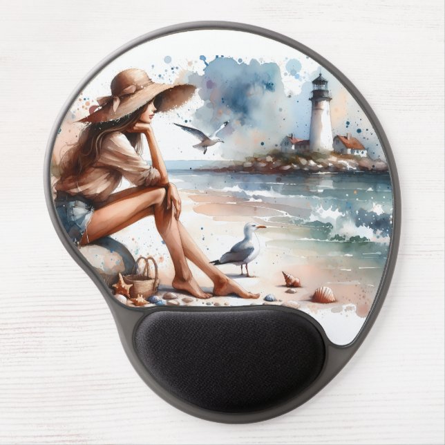 Coastal Beach Girl & Lighthouse  Gel Mouse Pad (Front)