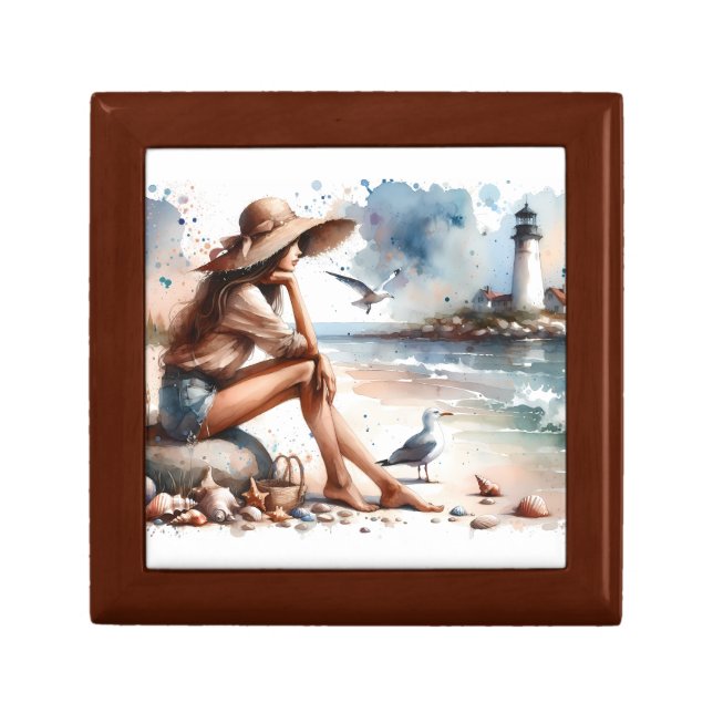 Coastal Beach Girl & Lighthouse  Gift Box (Front)