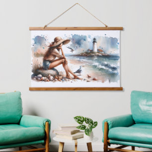 Coastal Beach Girl & Lighthouse Hanging Tapestry