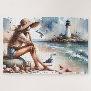 Coastal Beach Girl & Lighthouse Jigsaw Puzzle