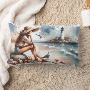 Coastal Beach Girl & Lighthouse Lumbar Pillow