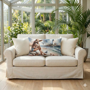 Coastal Beach Girl & Lighthouse Lumbar Pillow