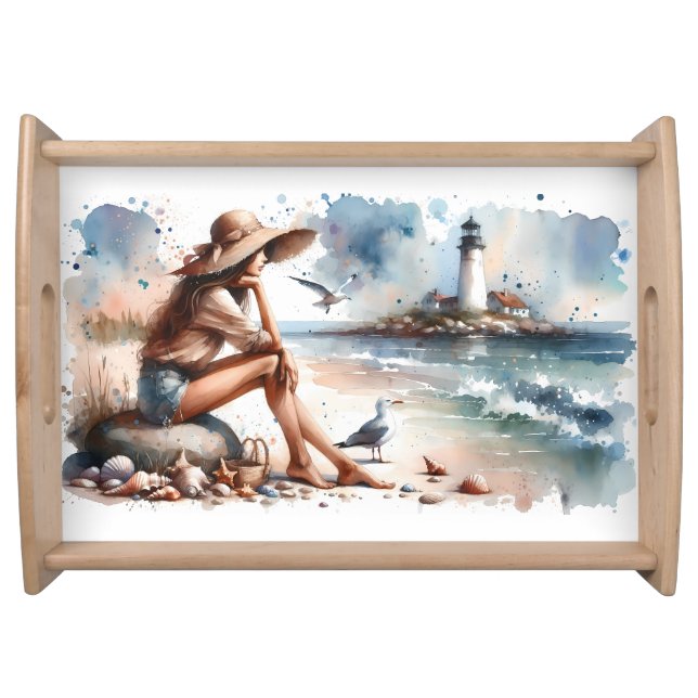 Coastal Beach Girl & Lighthouse  Serving Tray (Front)