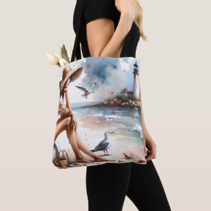 Coastal Beach Girl & Lighthouse Tote Bag