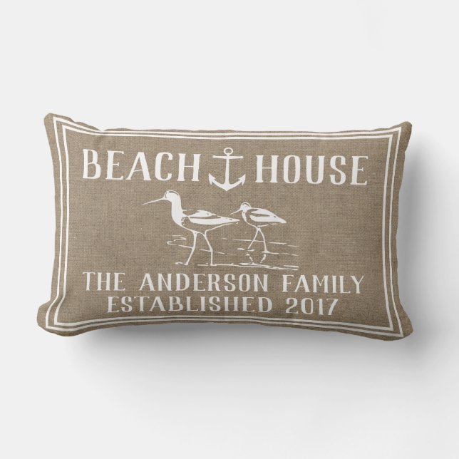 Coastal Beach House Anchor & Sandpiper Faux Burlap Lumbar Pillow (Front)