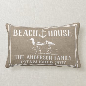 Coastal Beach House Anchor & Sandpiper Faux Burlap Lumbar Pillow by GrudaHomeDecor at Zazzle